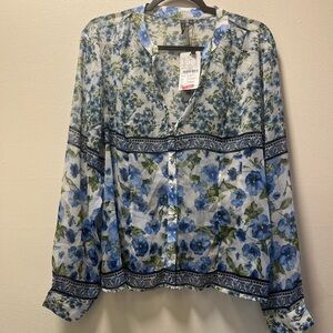 L.O.V. Sheer Stylish Flowy Blouse, Sz XXL, Pastel Blue Floral on White Sheer